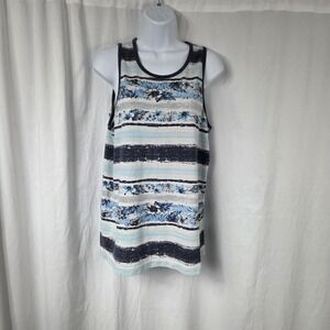 George Tank Top Mens Small Blue Striped Tropical Hawaiian Sleeveless Shirt